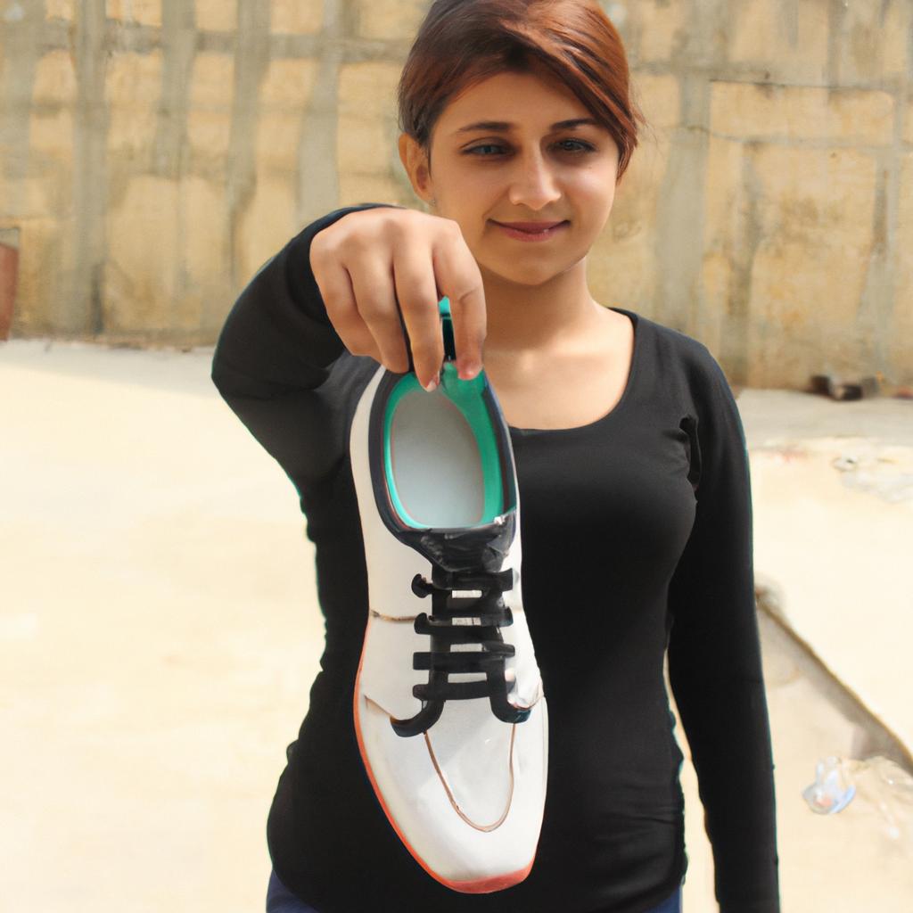 Person holding a shoe, smiling
