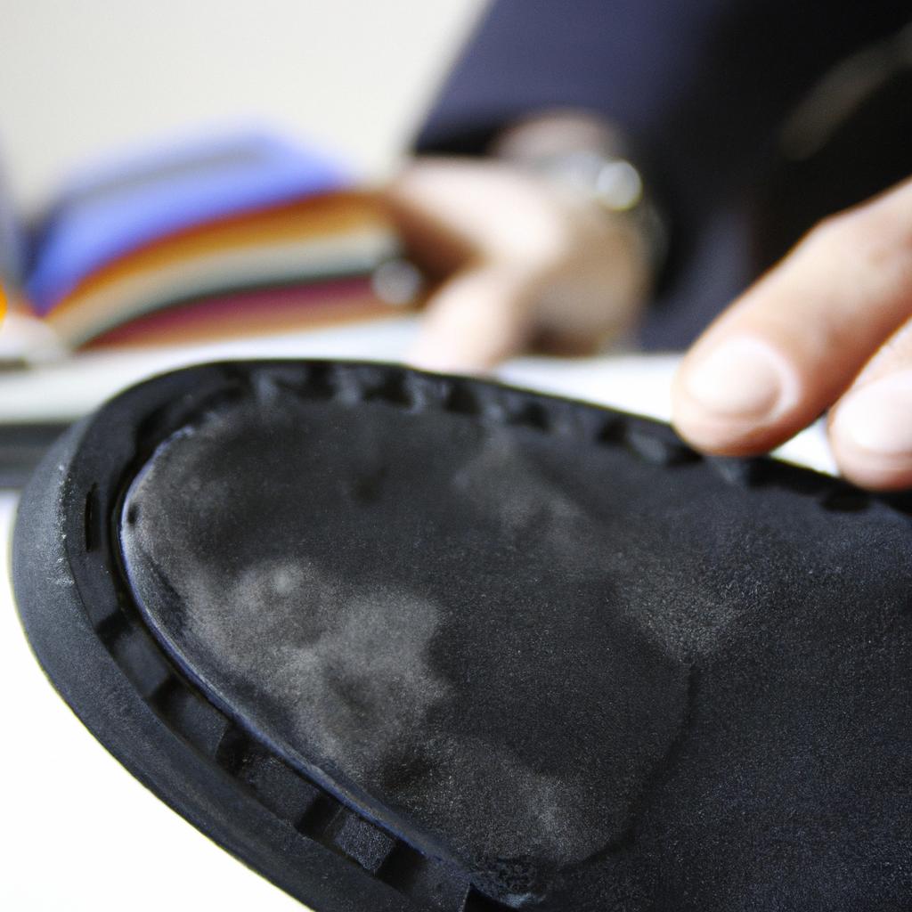 Person examining shoe sole material
