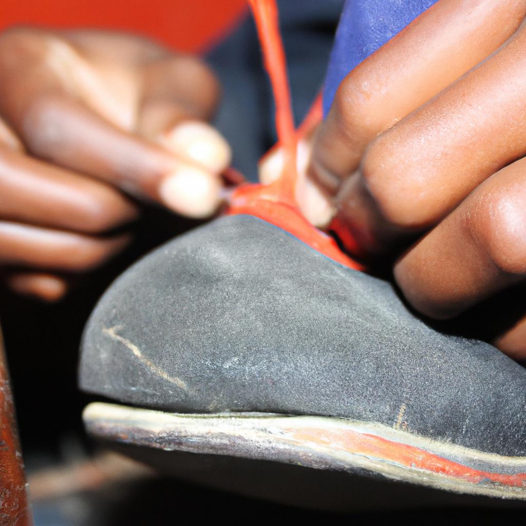 Person stitching shoe with precision